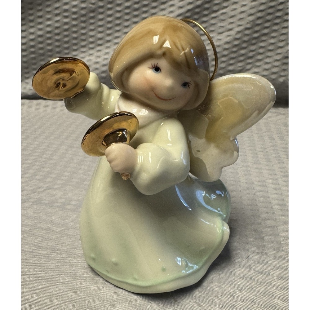 Vintage Lefton Ceramic Child Angel Figurine Playing Gold Cymbals Wings Pastel
